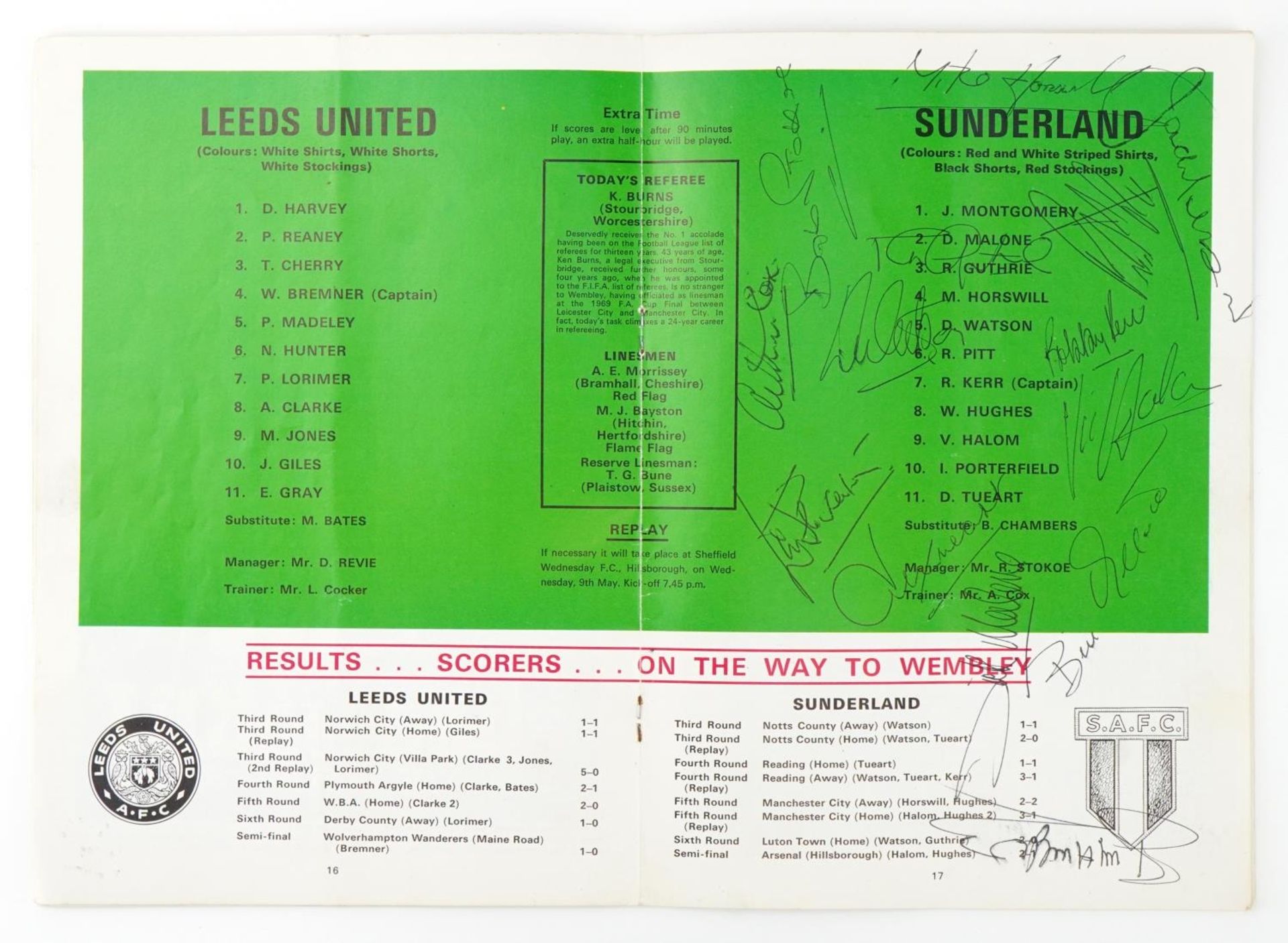 Sporting interest Leeds United V Sunderland 1973 FA Cup Final football program signed by all