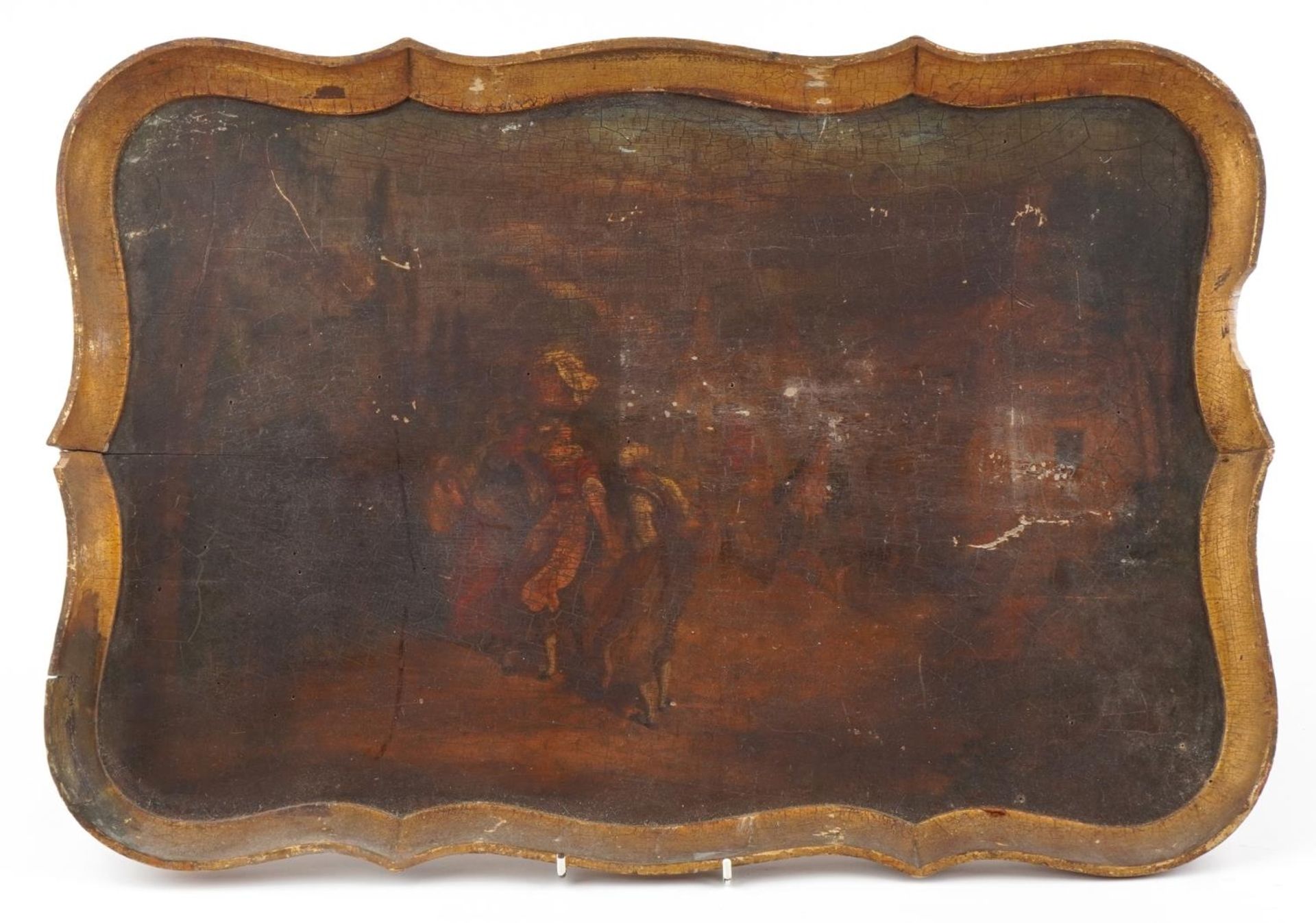 Antique wooden tray hand painted with figures in a village, 64cm x 44cm : For further information on