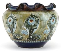 Royal Doulton, Art Nouveau stoneware jardiniere with frilled rim hand painted and decorated in low