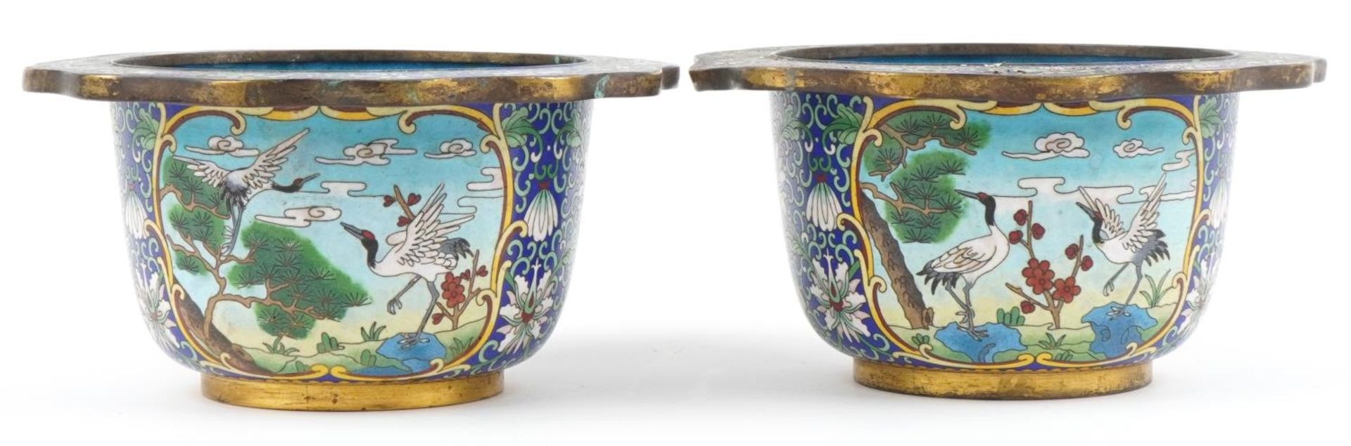 Good pair of Chinese cloisonne planters enamelled with panels of cranes within a border of - Bild 3 aus 6