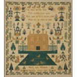 19th century needlework sampler worked by Mary Ann Wickens aged 9 years 1858, framed and glazed,