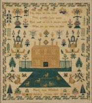 19th century needlework sampler worked by Mary Ann Wickens aged 9 years 1858, framed and glazed,