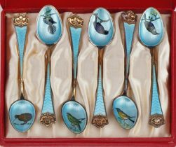 David Andersen, set of six Norwegian 925S sterling silver blue guilloche enamel teaspoons