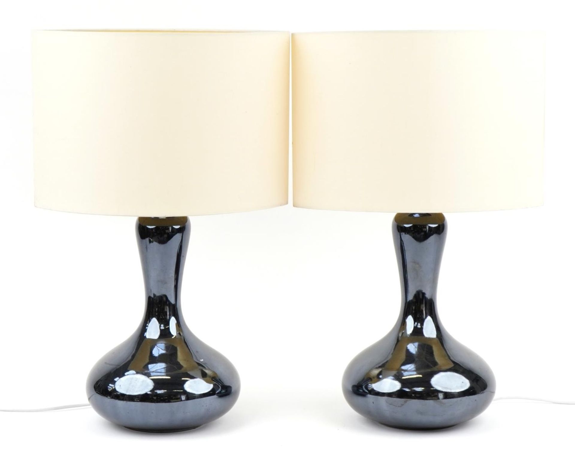 Pair of contemporary iridescent pottery table lamps with shades, 62cm high : For further information - Image 2 of 3