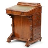 Victorian figured walnut and marquetry inlaid Davenport with tooled leather insert, fitted