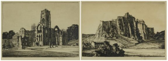 Henry Rushberry - Abbey Fountains and Stirling Castle, near pair of pencil signed black and white