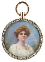 Large antique gem set gilt metal locket inset with a circular portrait miniature hand painted onto