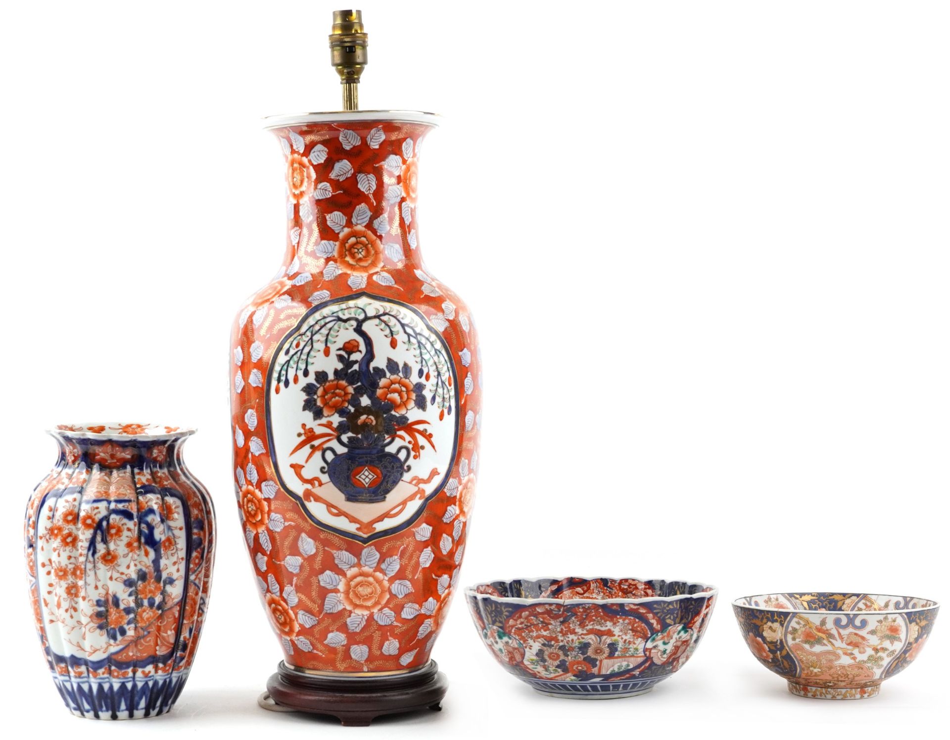 Japanese Imari porcelain including a large vase table lamp, fluted vase hand painted with flowers