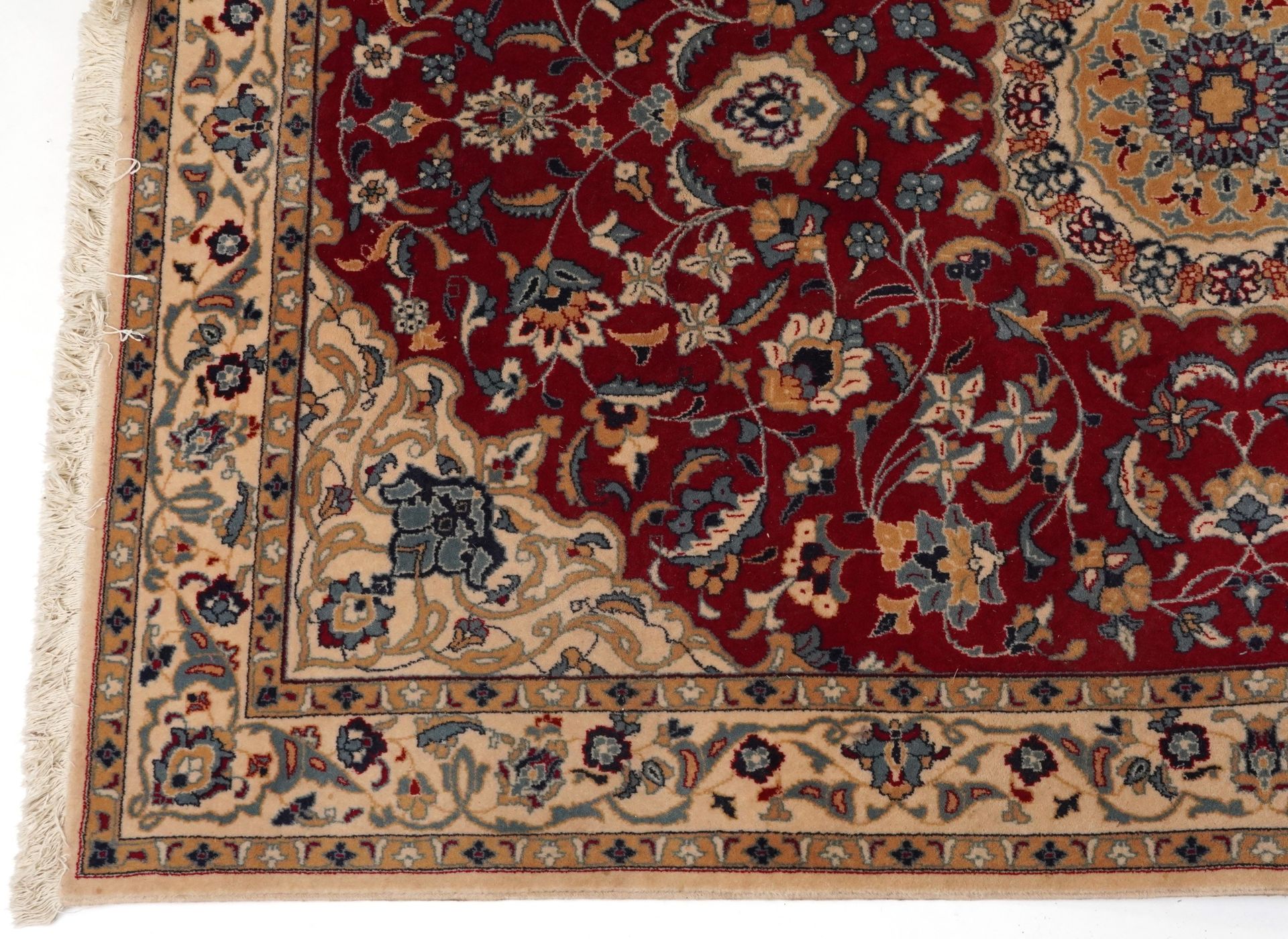 Rectangular Indian Rani rug having an allover repeat floral design on the red and cream grounds, - Image 4 of 6