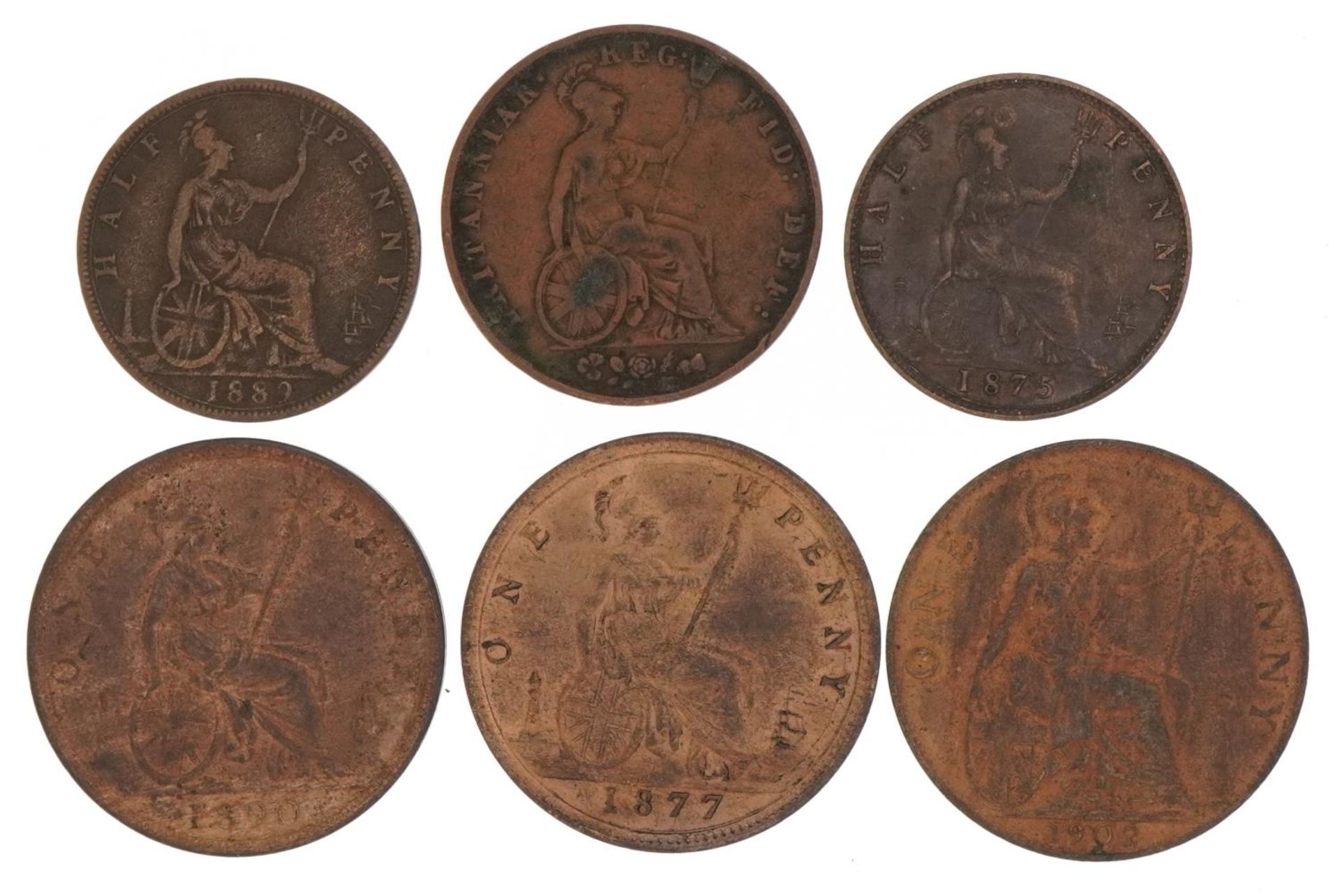 Victorian and later copper coinage comprising three pennies 1877, 1890 and 1902 and three half