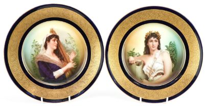 Pair of Rosenthal porcelain cabinet plates with gilt foliate borders decorated with portraits of a