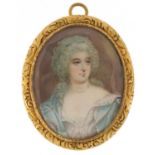 18th/19th century oval hand painted portrait miniature onto ivory of a female wearing a pearl