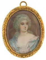 18th/19th century oval hand painted portrait miniature onto ivory of a female wearing a pearl