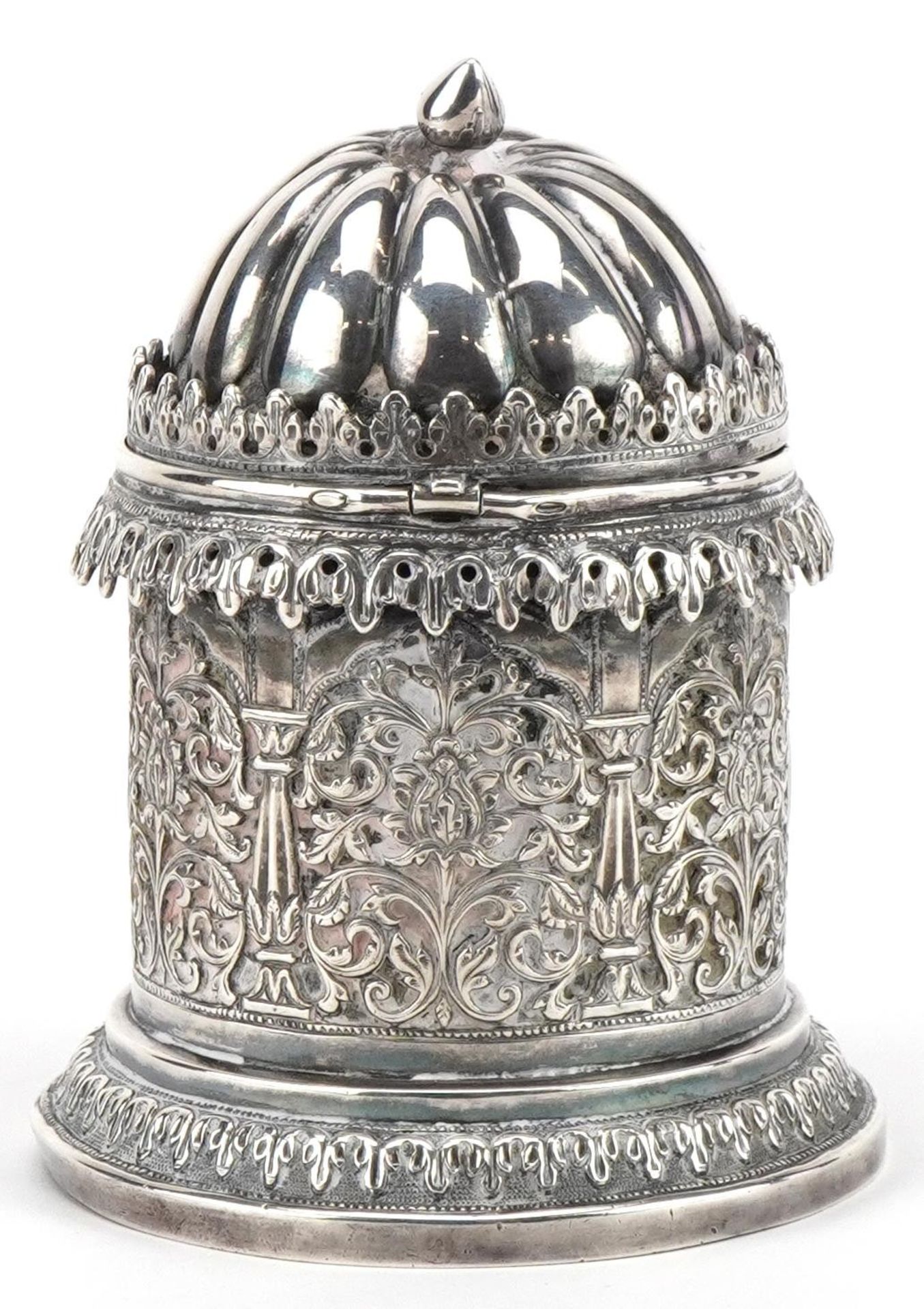 Bhuj, Indian Kutch silver cylindrical pot with hinged lid profusely pierced and embossed with - Image 4 of 5