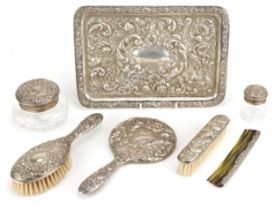 Edwardian silver dressing table tray and six silver mounted dressing table items including hand