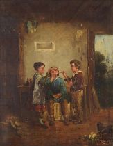 Three children in an interior, antique Dutch oil on canvas, mounted and framed, 40cm x 31.5cm