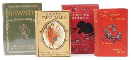 Four hardback books comprising A Comic History of England by G A A Beckett, Grimm's Fairytales, Just
