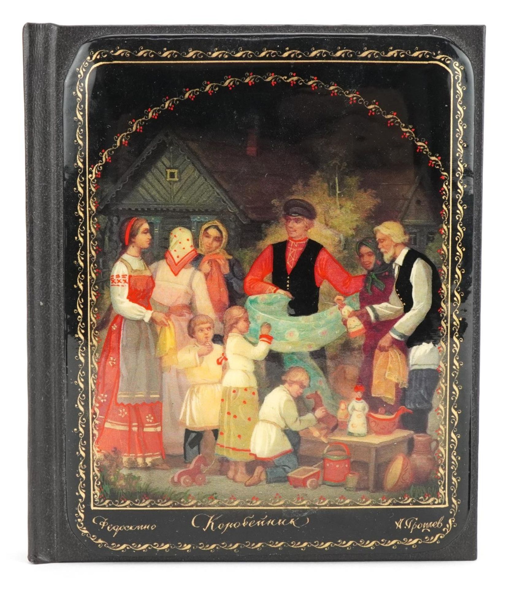 Russian black lacquer comprising box with hinged lid produced in the village of Fedoskino finely - Image 2 of 7