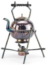 Victorian aesthetic silver plated kettle with ebonised handle on stand with burner, 35cm high :