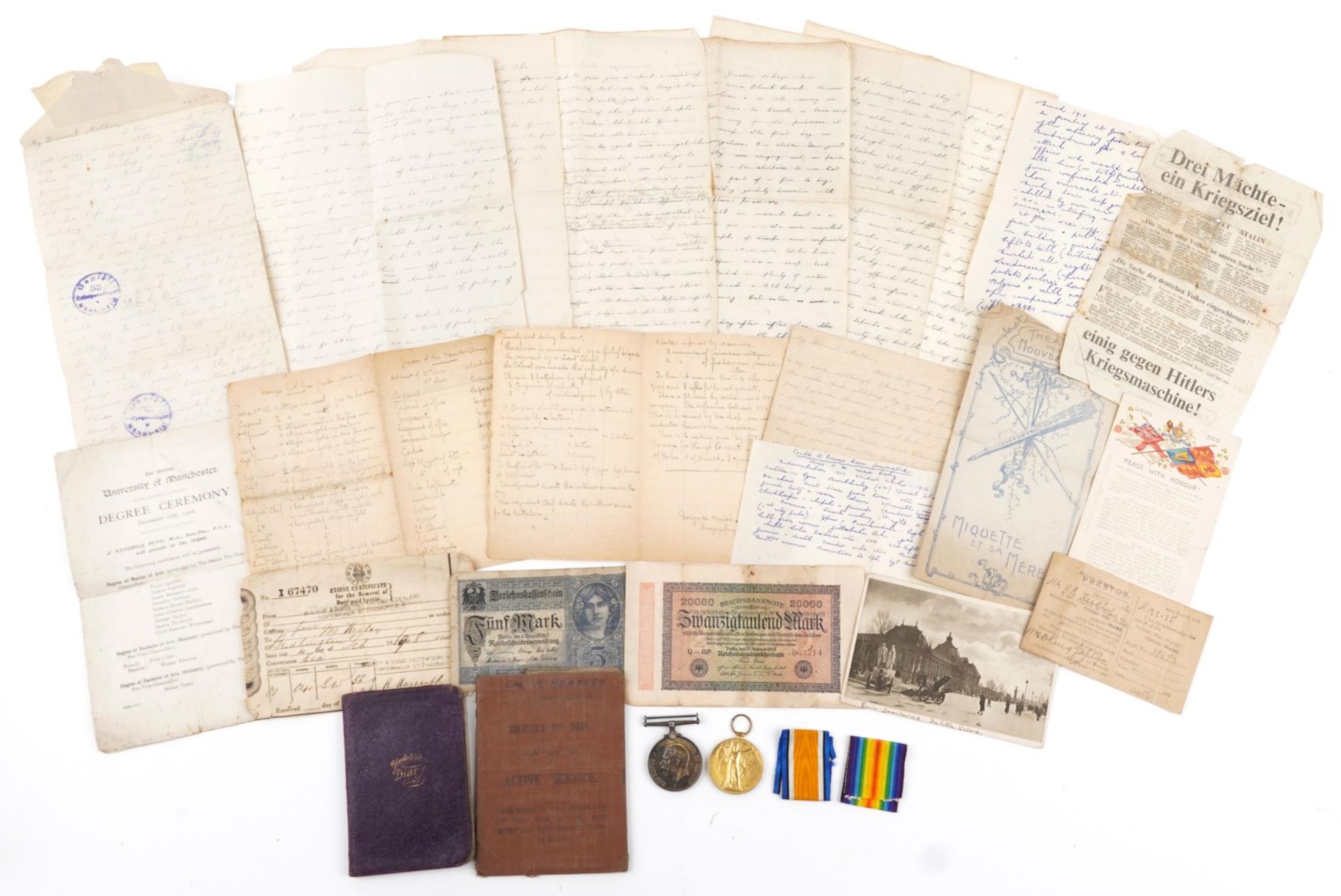 British military World War I pair with related militaria including diary, the pair awarded to
