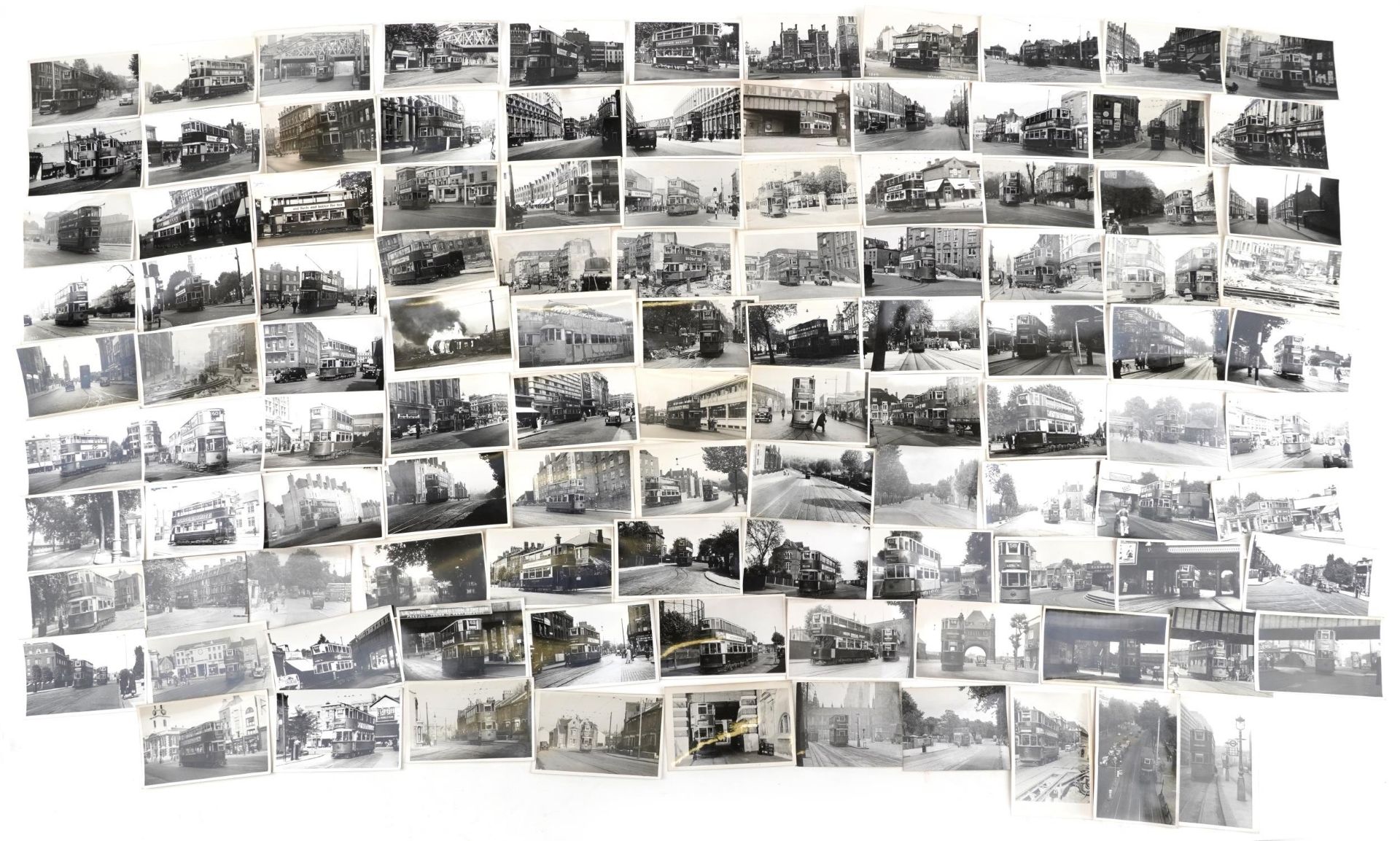 Collection of Mid 20th century tram black and white photographs, predominantly of London, each