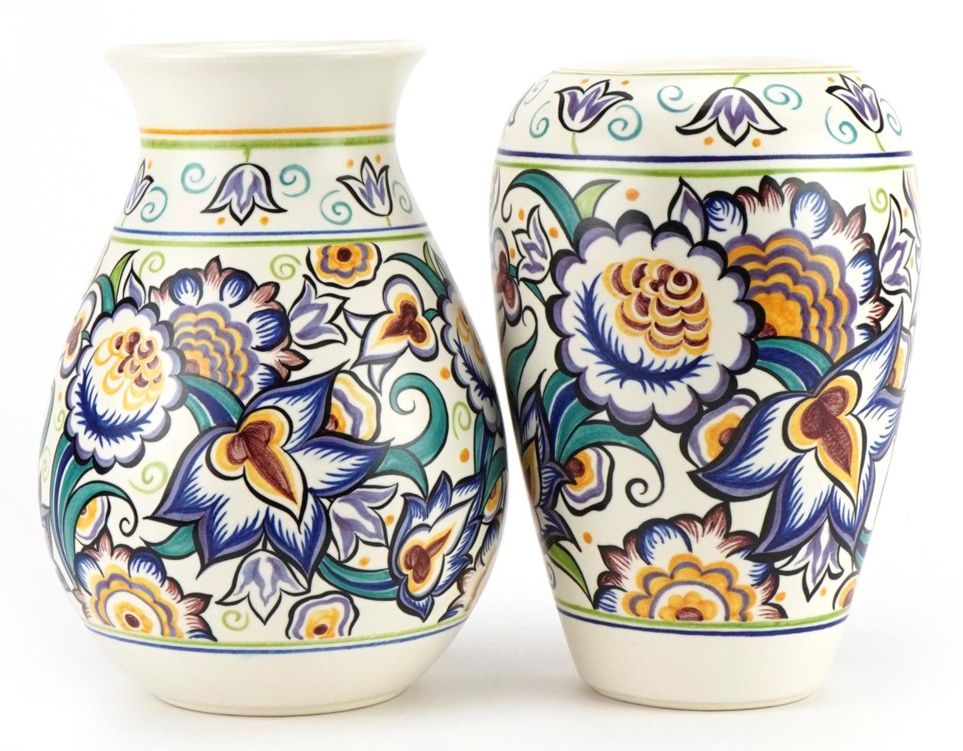 Karen Brown for Poole Pottery, two Mid century studio vases hand painted with stylised flowers in