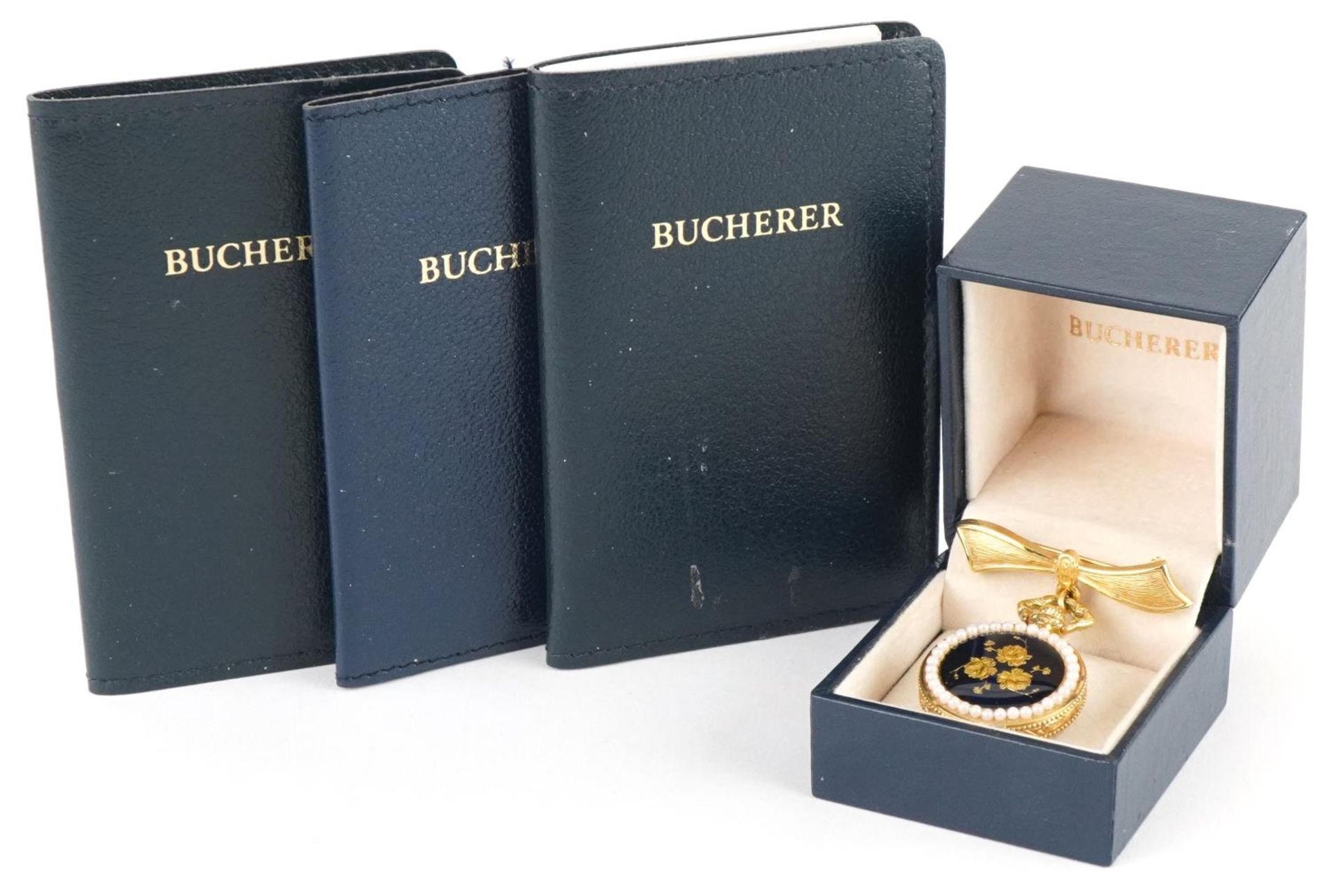Bucherer, ladies simulated pearl and enamel fob watch with bow brooch clasp with box and Bucherer - Bild 3 aus 3