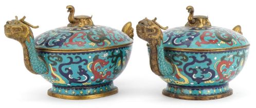 Pair of Chinese cloisonne censers and covers in the form of dragons with tortoise finials, each