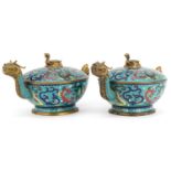 Pair of Chinese cloisonne censers and covers in the form of dragons with tortoise finials, each