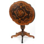 19th century continental kingwood, ebony and marquetry inlaid tilt top centre table with shaped