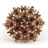 9ct gold Bohemian garnet four tier flower head ring, size N, 4.4g : For further information on