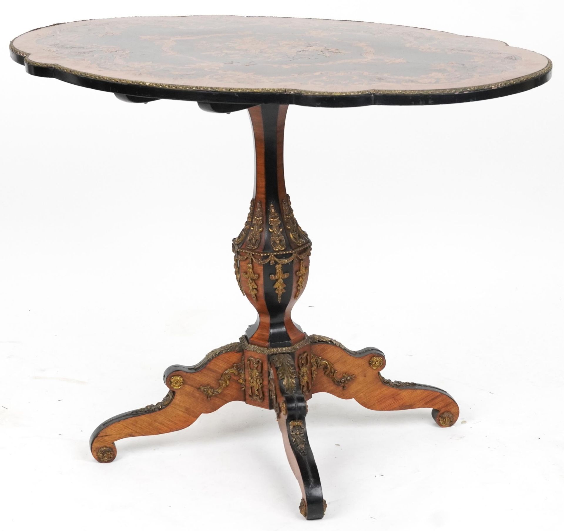 19th century continental kingwood, ebony and marquetry inlaid tilt top centre table with shaped - Image 3 of 9