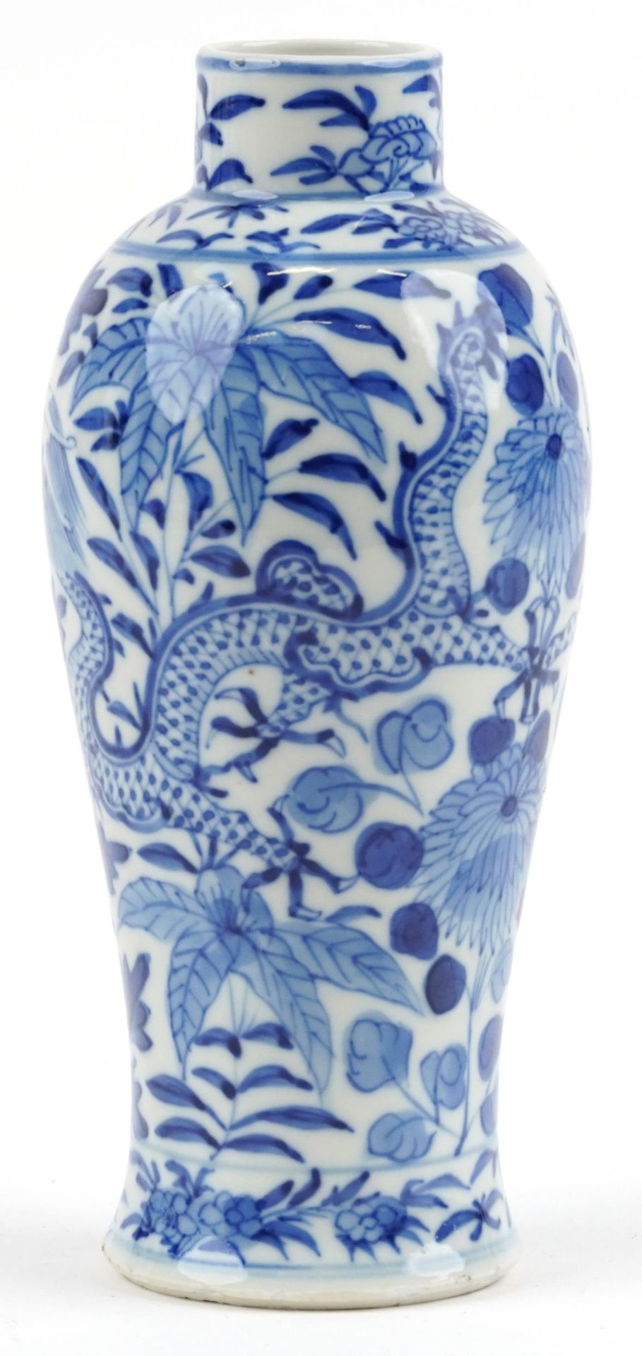 Chinese blue and white porcelain baluster vase hand painted with dragons amongst flowers, six figure - Image 2 of 7