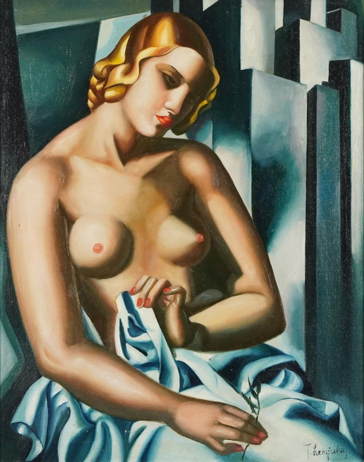 Manner of Tamara de Lempicka - Portrait of a semi nude Art Deco female, Polish school oil on