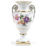 Meissen, German porcelain vase with twin handles hand painted with flowers, blue crossed sword marks