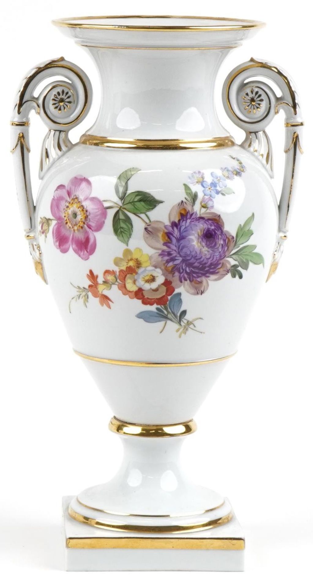 Meissen, German porcelain vase with twin handles hand painted with flowers, blue crossed sword marks