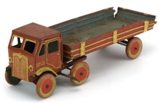 Early 20th century British tinplate clockwork flatbed lorry : For further information on this lot