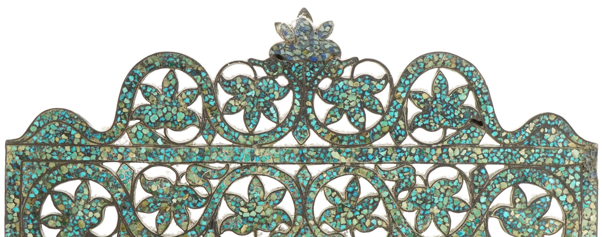 Middle Eastern brass matrix turquoise foliate wall mirror, 43.5cm x 31cm : For further information - Image 2 of 3