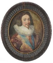 Head and shoulder portrait of King Charles I, 19th century oval watercolour, mounted, framed and