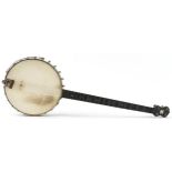 Victorian rosewood and ebony four string banjo with leather case impressed A Weaver, 91cm in