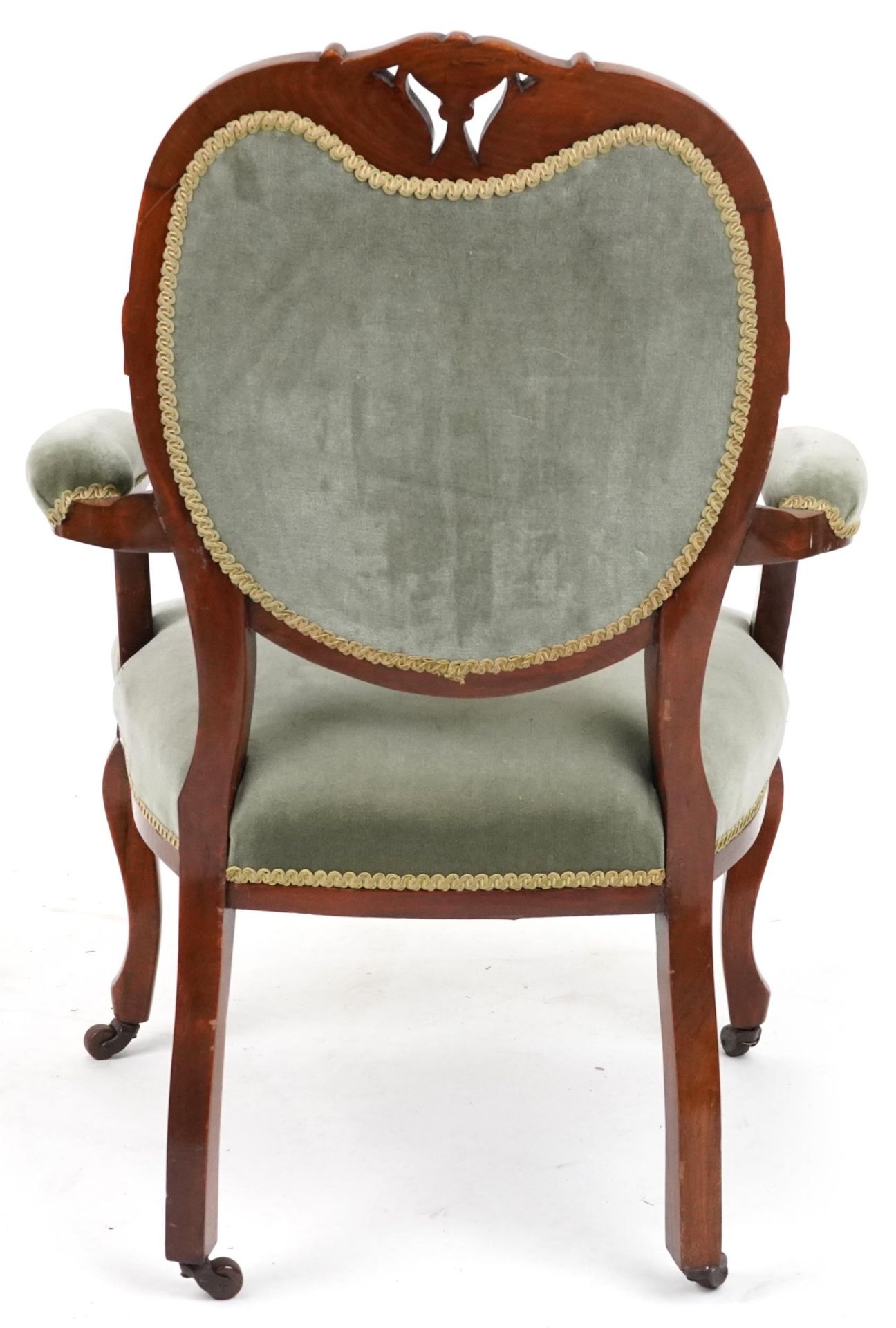 Victorian style armchair with olive green upholstery on cabriole legs with casters, 95cm high : - Bild 5 aus 5