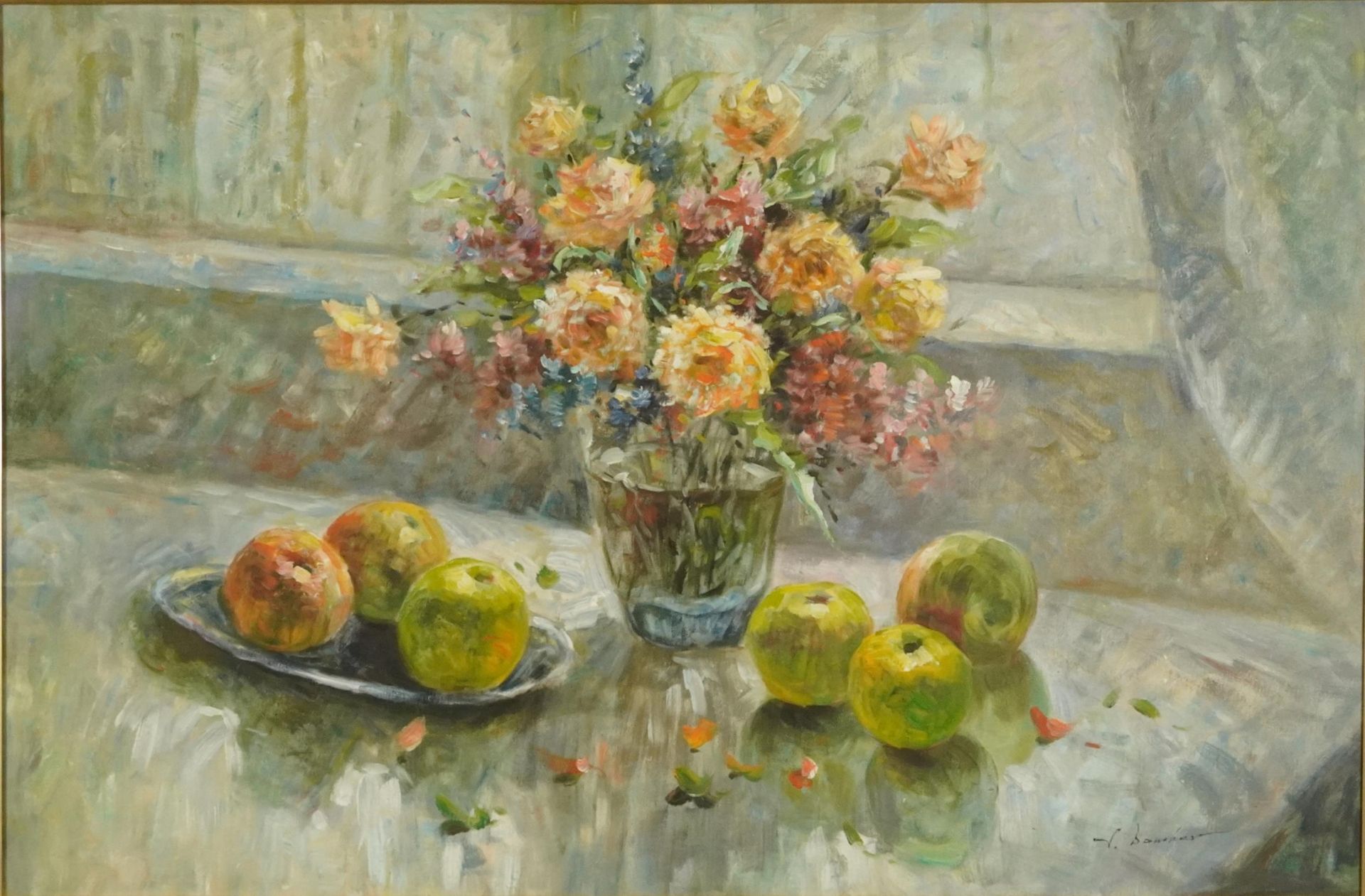 Still life fruit and flowers, Impressionist oil on canvas, mounted and framed, 90cm x 60cm excluding