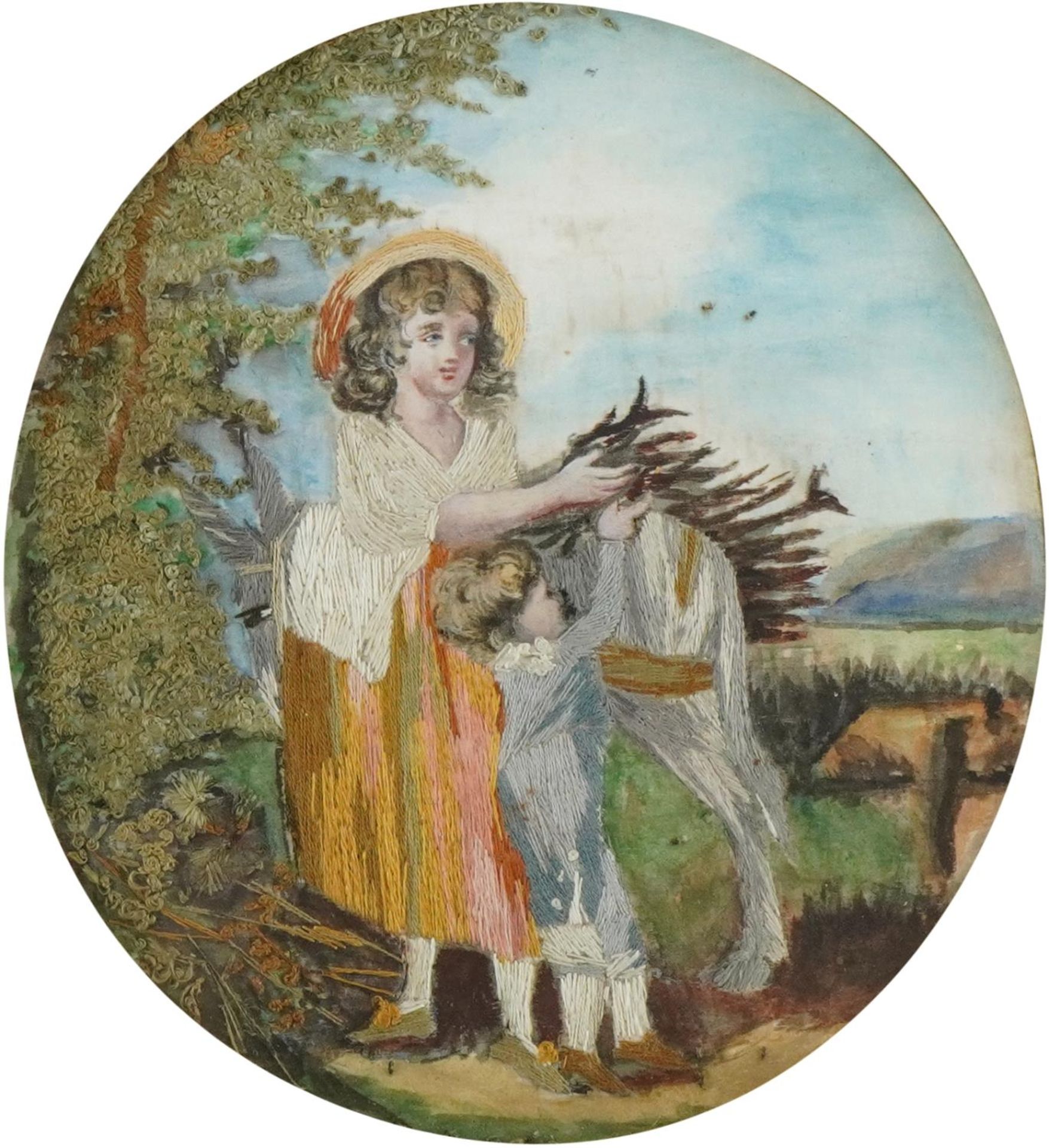 Mother and child with donkey collecting kindling, 19th century oval watercolour and silk work - Image 2 of 3