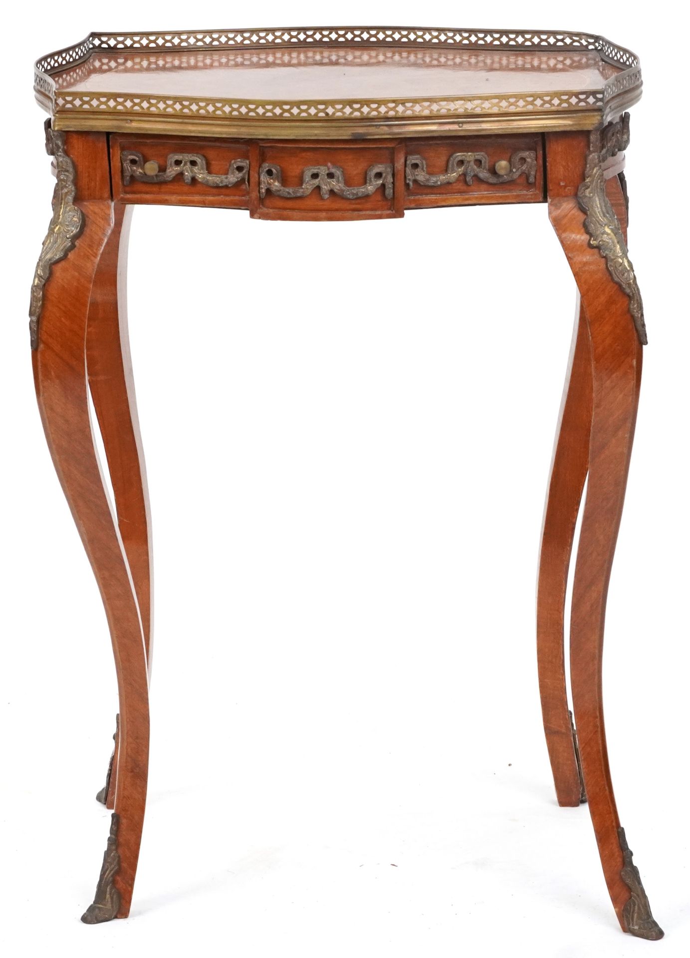 French Louis XV style inlaid kingwood side table with frieze drawer and brass mounts on cabriole - Image 2 of 4