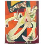 Manner of Peter Davies - Abstract composition, surreal figure, oil on canvas, unframed, 73cm x 57.