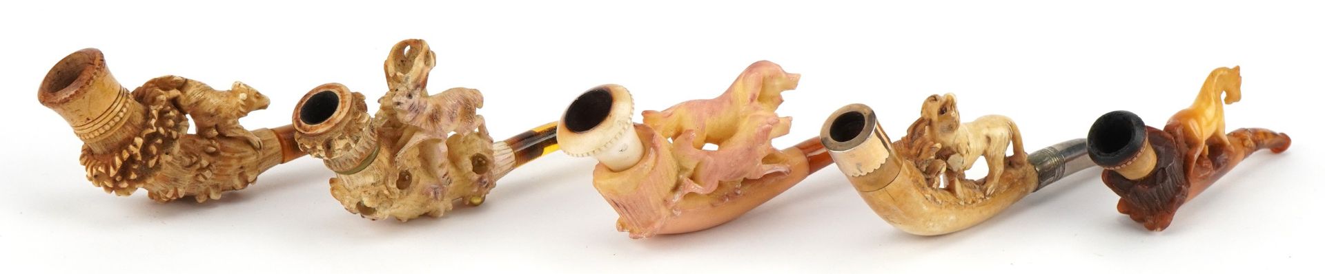 Five antique Meerschaum smoking pipes housed in fitted cases, each carved with animals, four with - Image 2 of 9