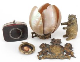 Early 19th century and later sundry items including a Palais Royale style mother of pearl clip on