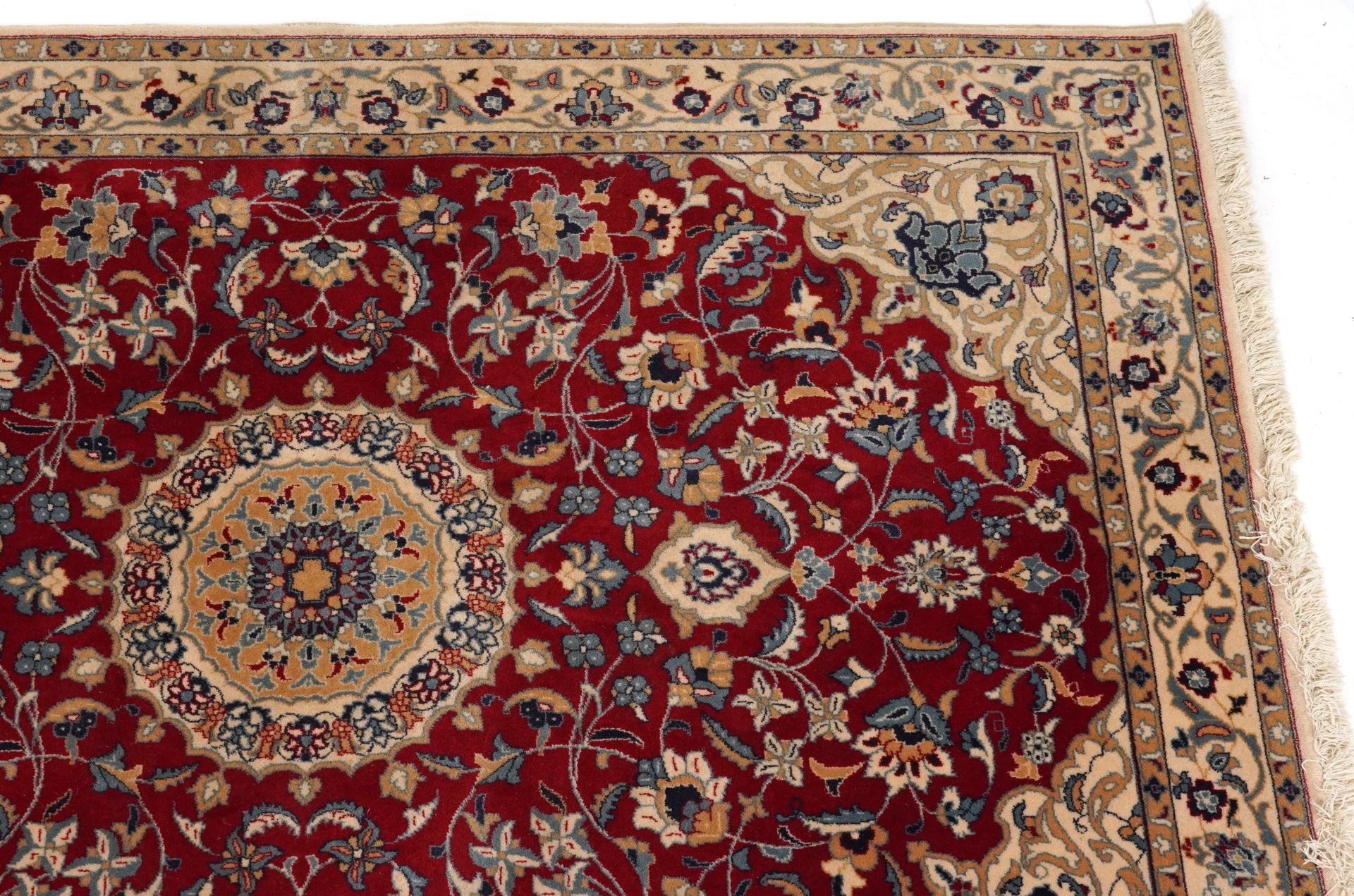 Rectangular Indian Rani rug having an allover repeat floral design on the red and cream grounds, - Image 3 of 6