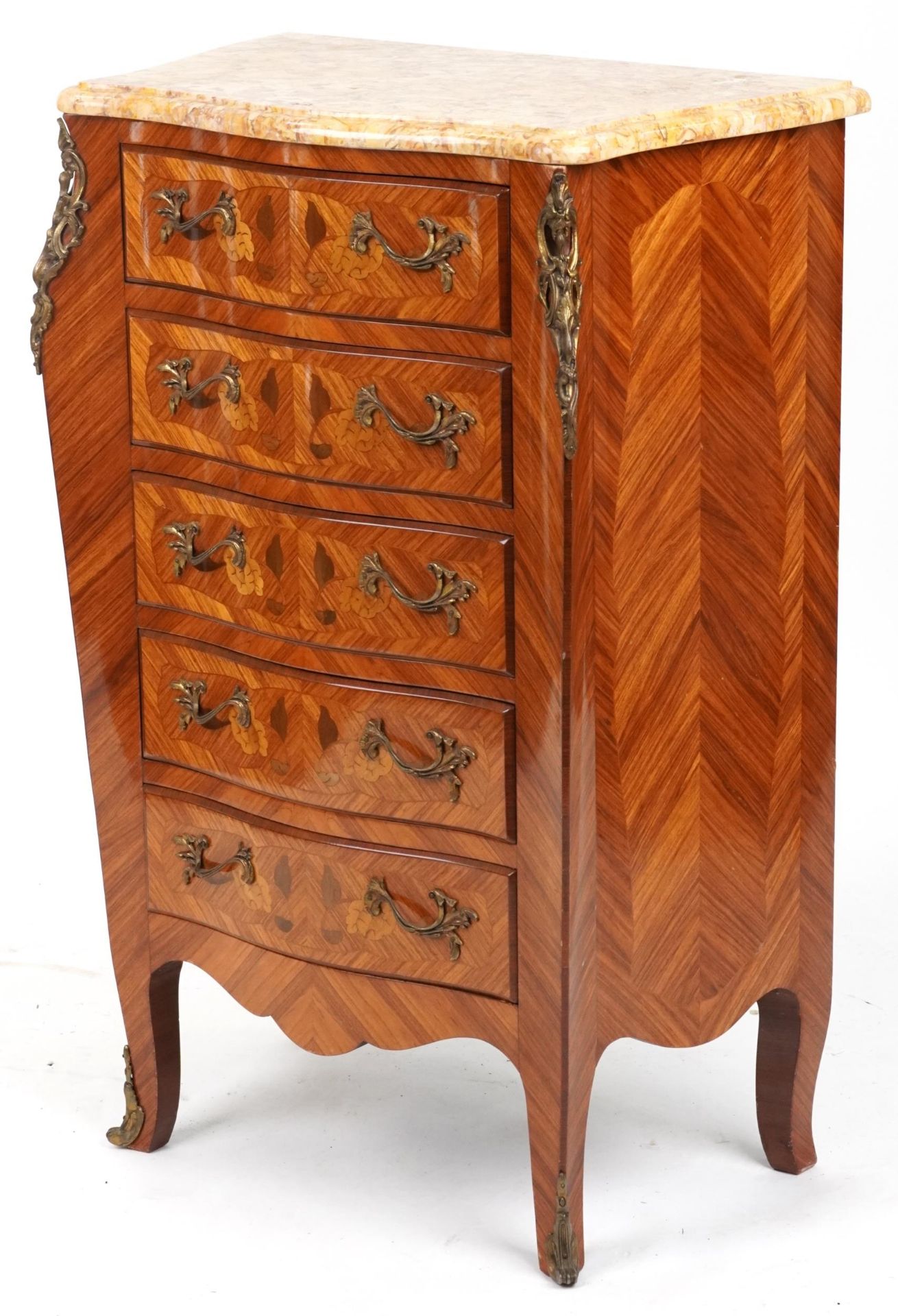 French inlaid serpentine front five drawer chest with marble top and gilt metal mounts, 98cm H x