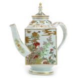 Japanese porcelain teapot with square body hand painted with insects and birds amongst flowers, 26cm